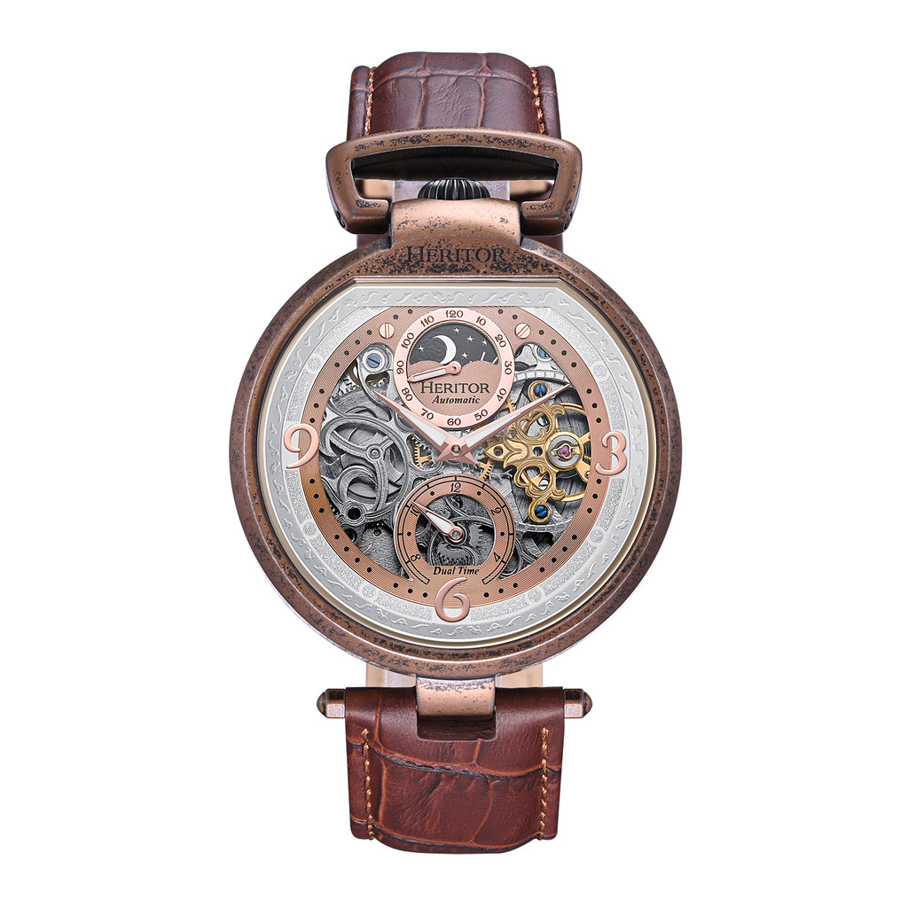 Heritor Automatic Lincoln Semi-Skeleton Leather-Band Watch - Bronze/Brown - HERHS3605