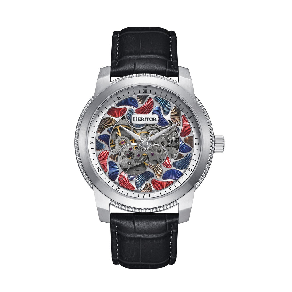 Heritor Automatic Emmanuel Semi-Skeleton Leather-Band Watch - Silver/Black - HERHS3701