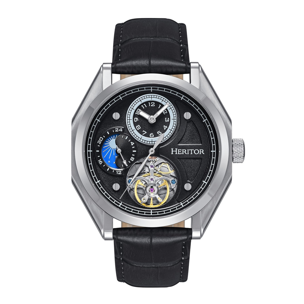 Heritor Automatic Antoni Leather-Band Watch - Silver/Black/Black - HERHS4301