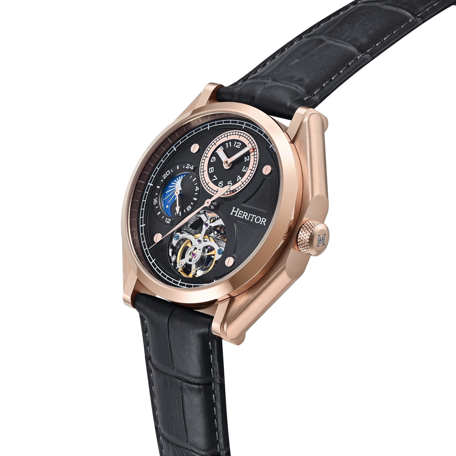 Heritor Automatic Antoni Leather-Band Watch - Rose Gold/Black - HERHS4306