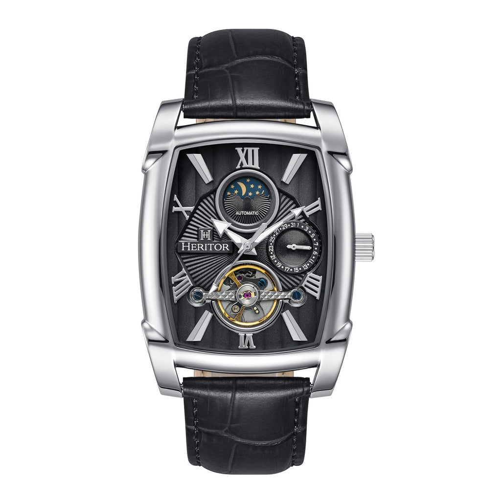 Heritor Automatic Valentin Leather-Band Watch w/Date - Silver/Black - HERHS4401