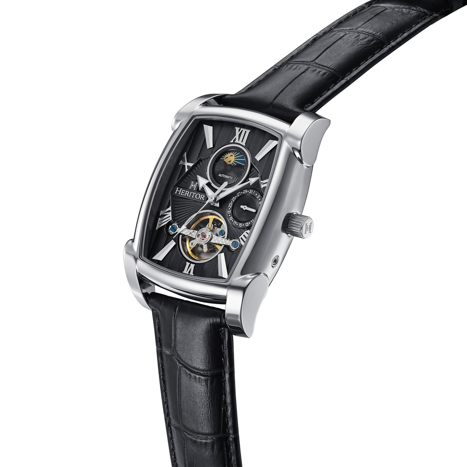 Heritor Automatic Valentin Leather-Band Watch w/Date - Silver/Black - HERHS4401