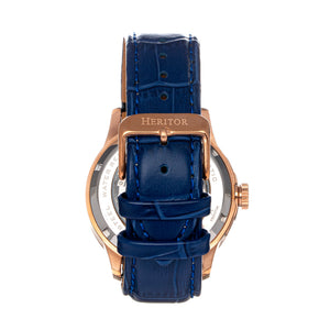 Heritor Automatic Everest Wooden Bezel Leather Band Watch /Date  - Rose Gold/Blue - HERHS1604
