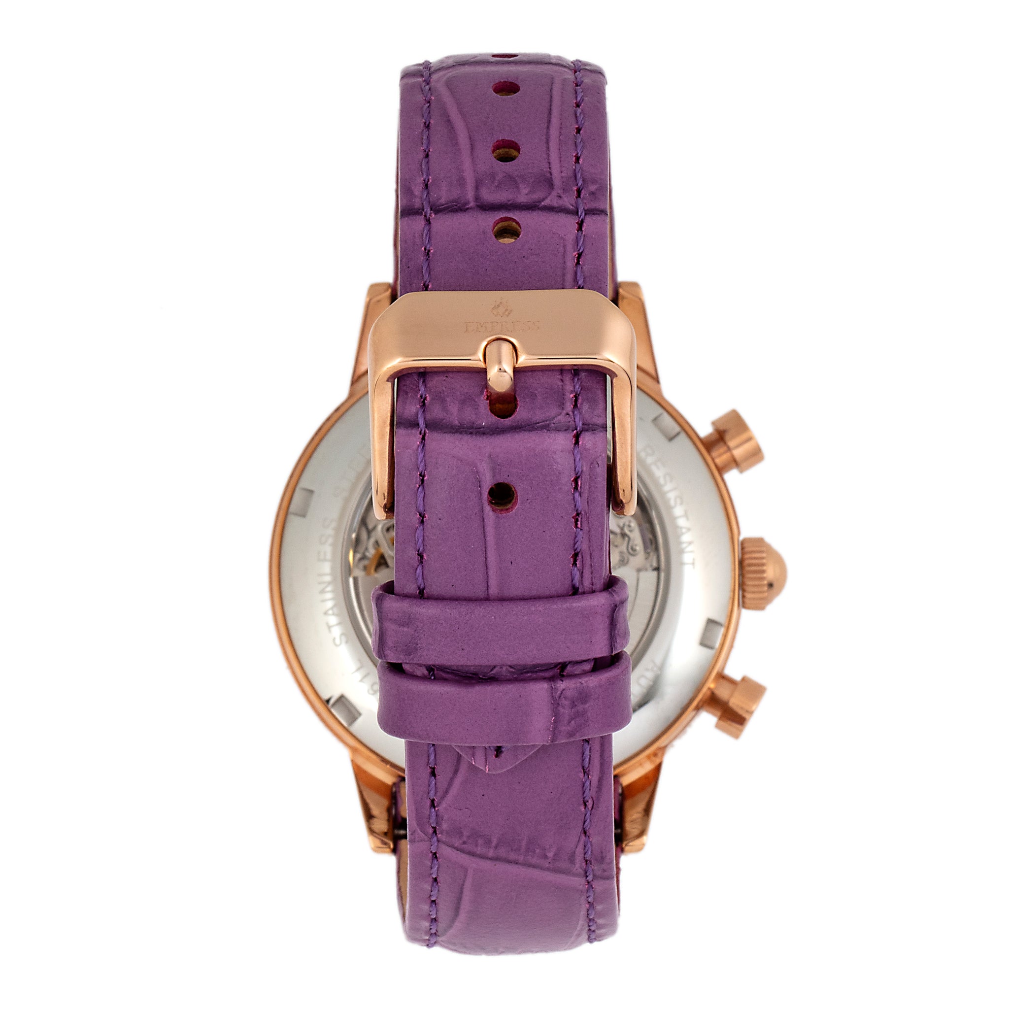 Empress Beatrice Automatic Skeleton Dial Leather-Band Watch w/Day/Date - Rose Gold/Purple - EMPEM2006