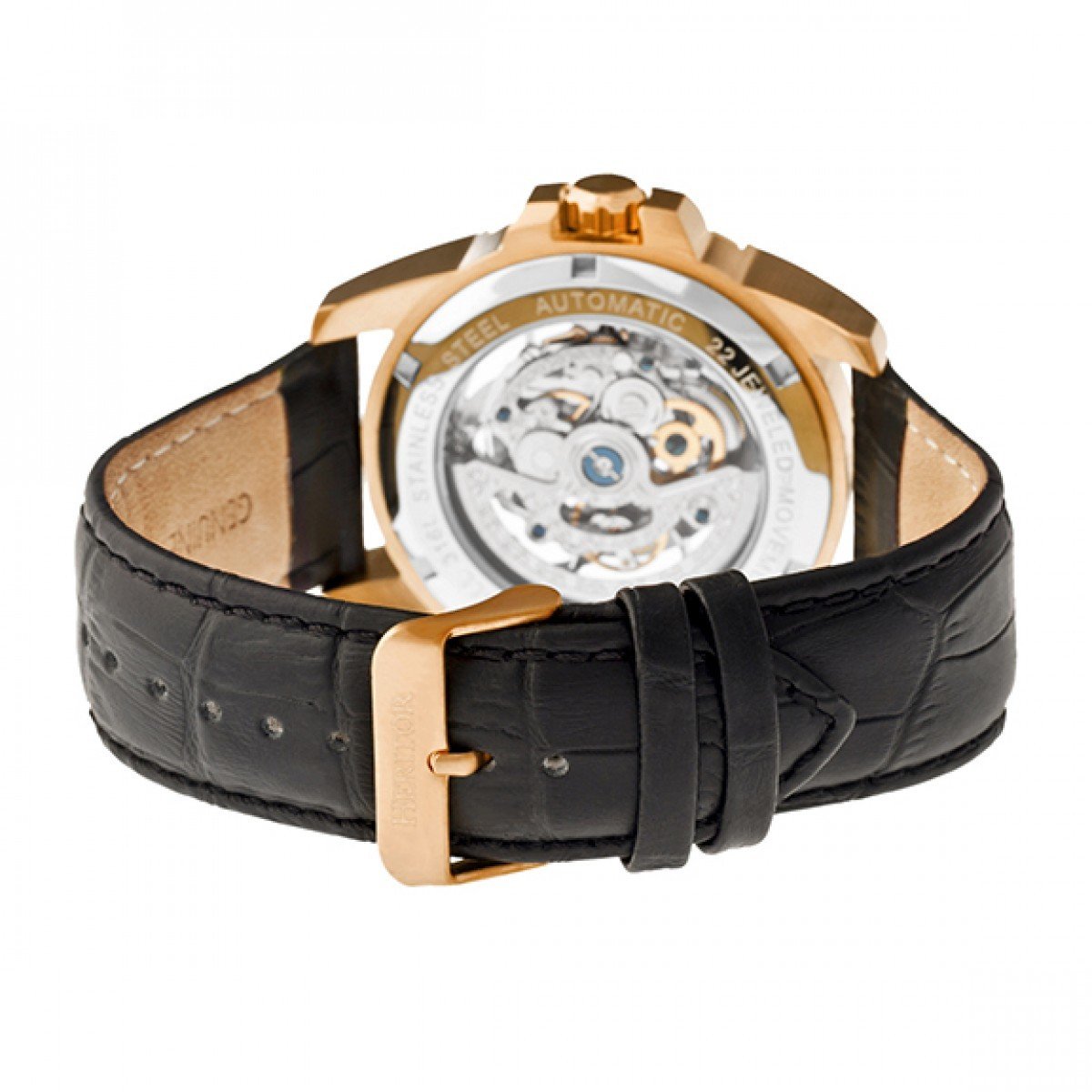 Heritor Automatic Armstrong Skeleton Leather-Band Watch - Rose Gold/Silver - HERHR3405