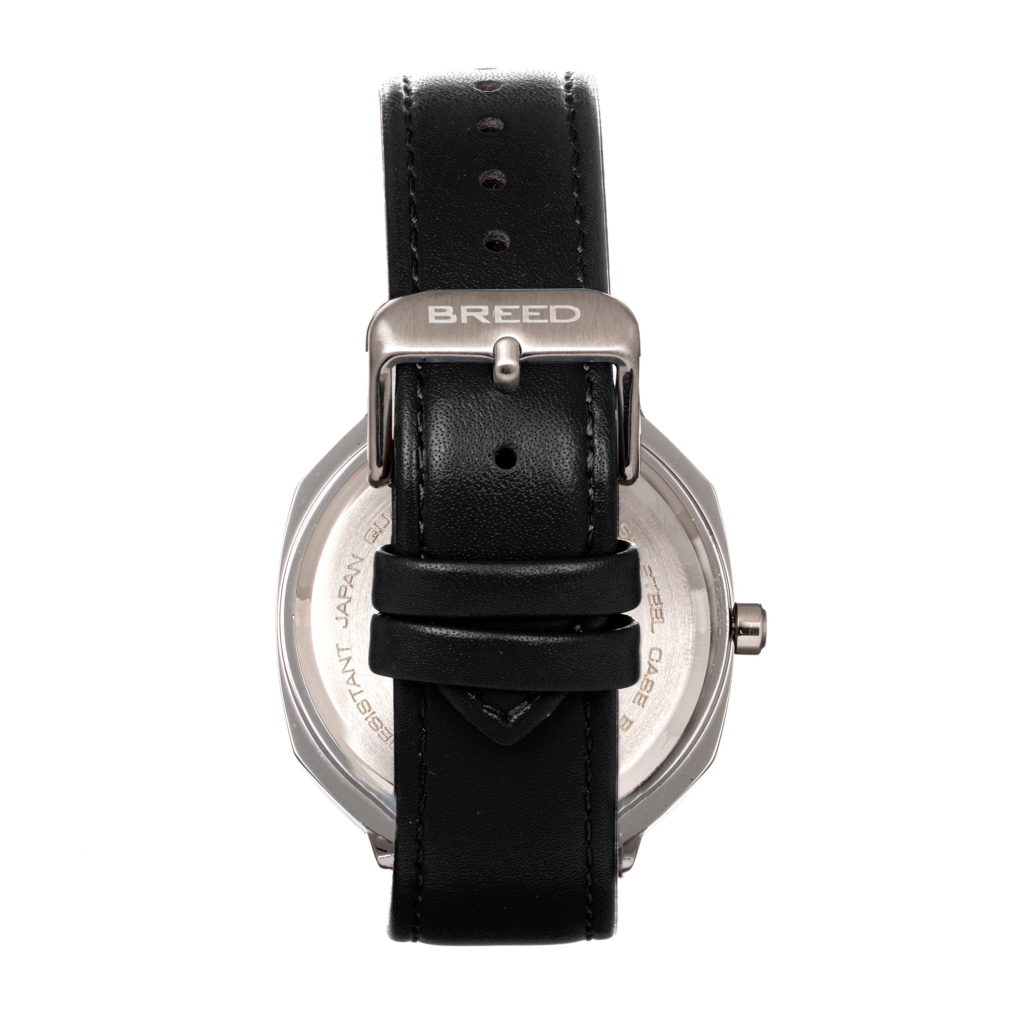 Breed Revolver Leather-Band Watch w/Day/Date - Black/Silver - BRD9303