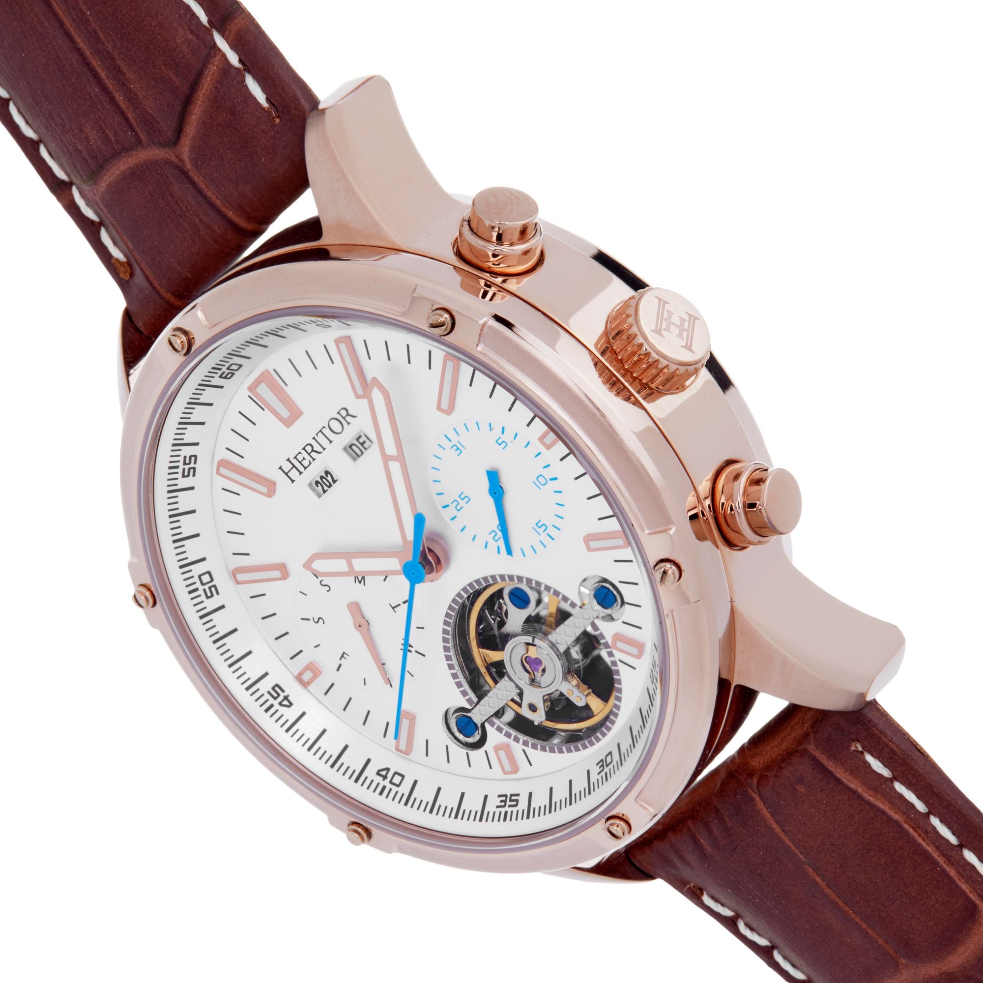 Heritor Automatic Wilhelm Semi-Skeleton Leather-Band Watch w/Day/Date - Brown/Rose Gold - HERHS2106