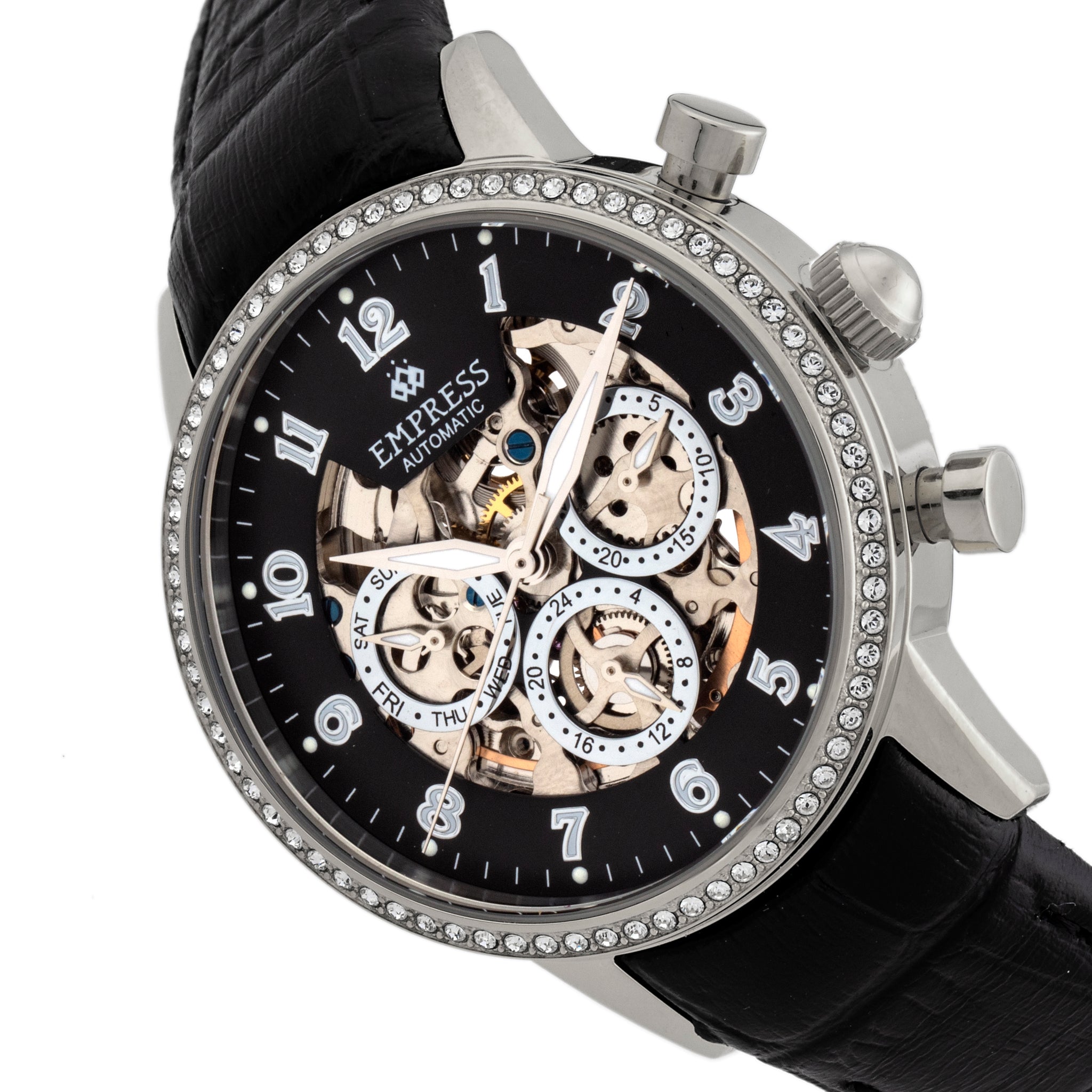 Empress Beatrice Automatic Skeleton Dial Leather-Band Watch w/Day/Date - Silver/Black - EMPEM2002