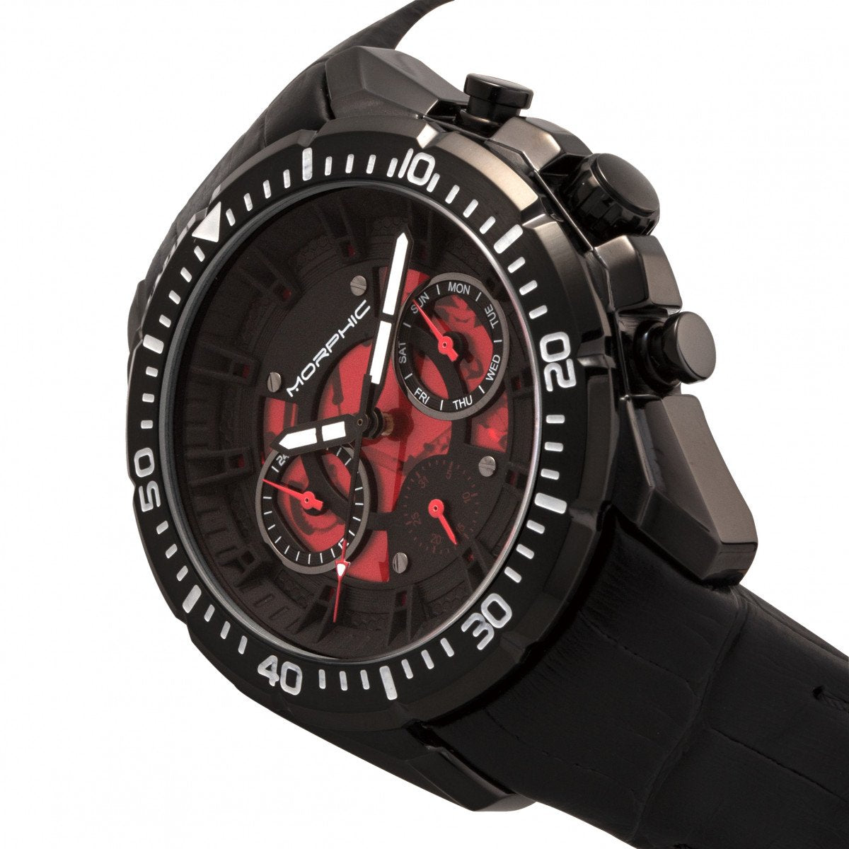 Morphic M66 Series Skeleton Dial Leather-Band Watch w/ Day/Date - Black - MPH6606