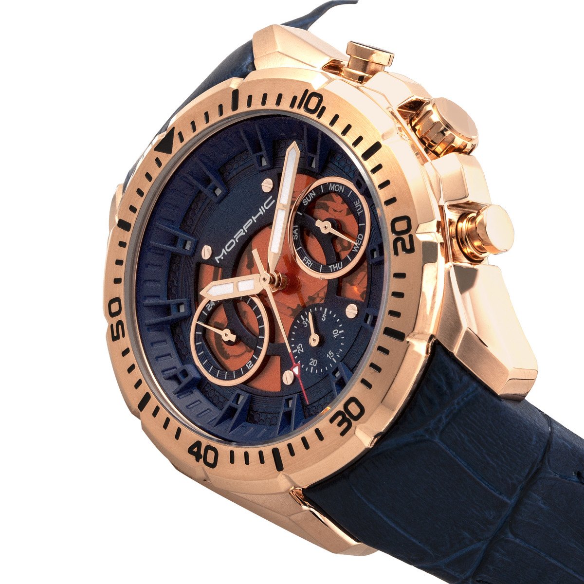 Morphic M66 Series Skeleton Dial Leather-Band Watch w/ Day/Date - Rose Gold/Blue - MPH6605