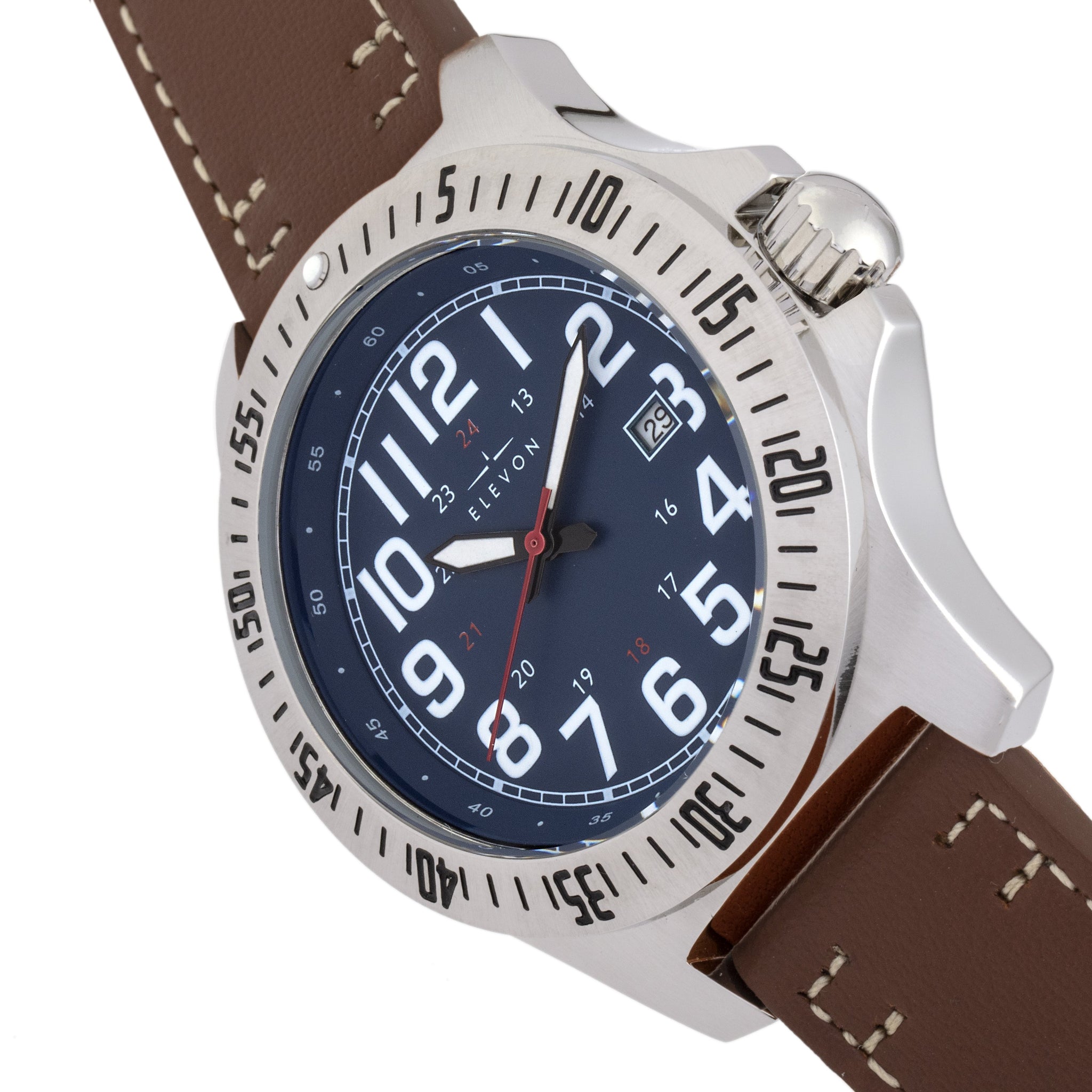 Elevon Aviator Leather-Band Watch w/Date - Brown/Blue - ELE120-11