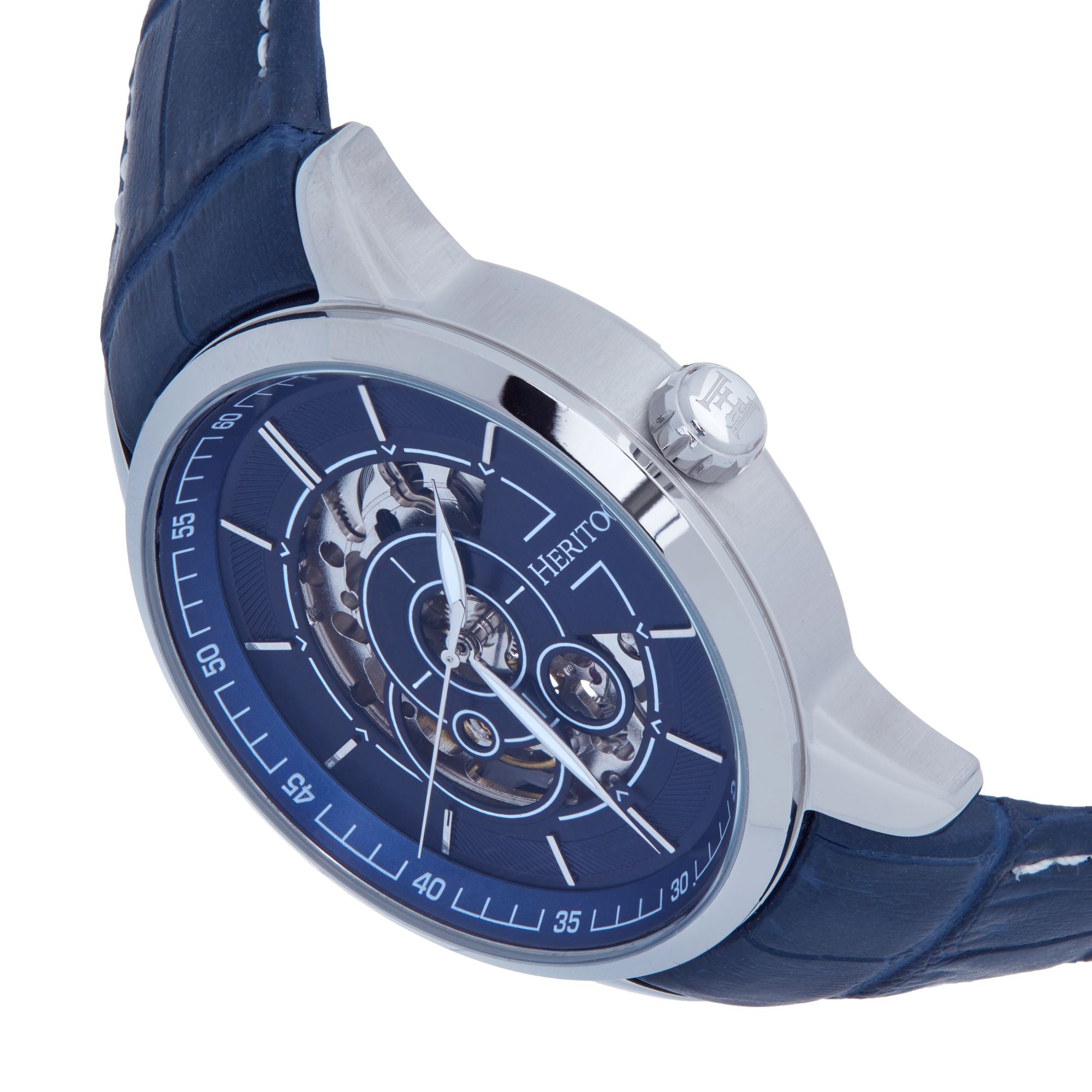 Heritor Automatic Davies Semi-Skeleton Leather-Band Watch - Silver/Navy - HERHS2503