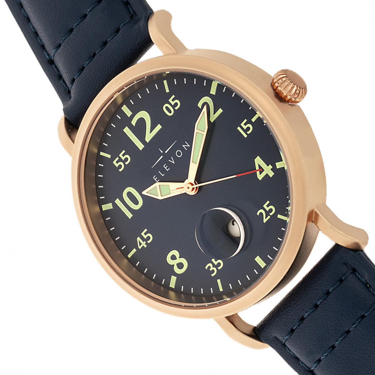 Elevon Von Braun Leather-Band Watch w/Date - Rose Gold/Blue - ELE112-3