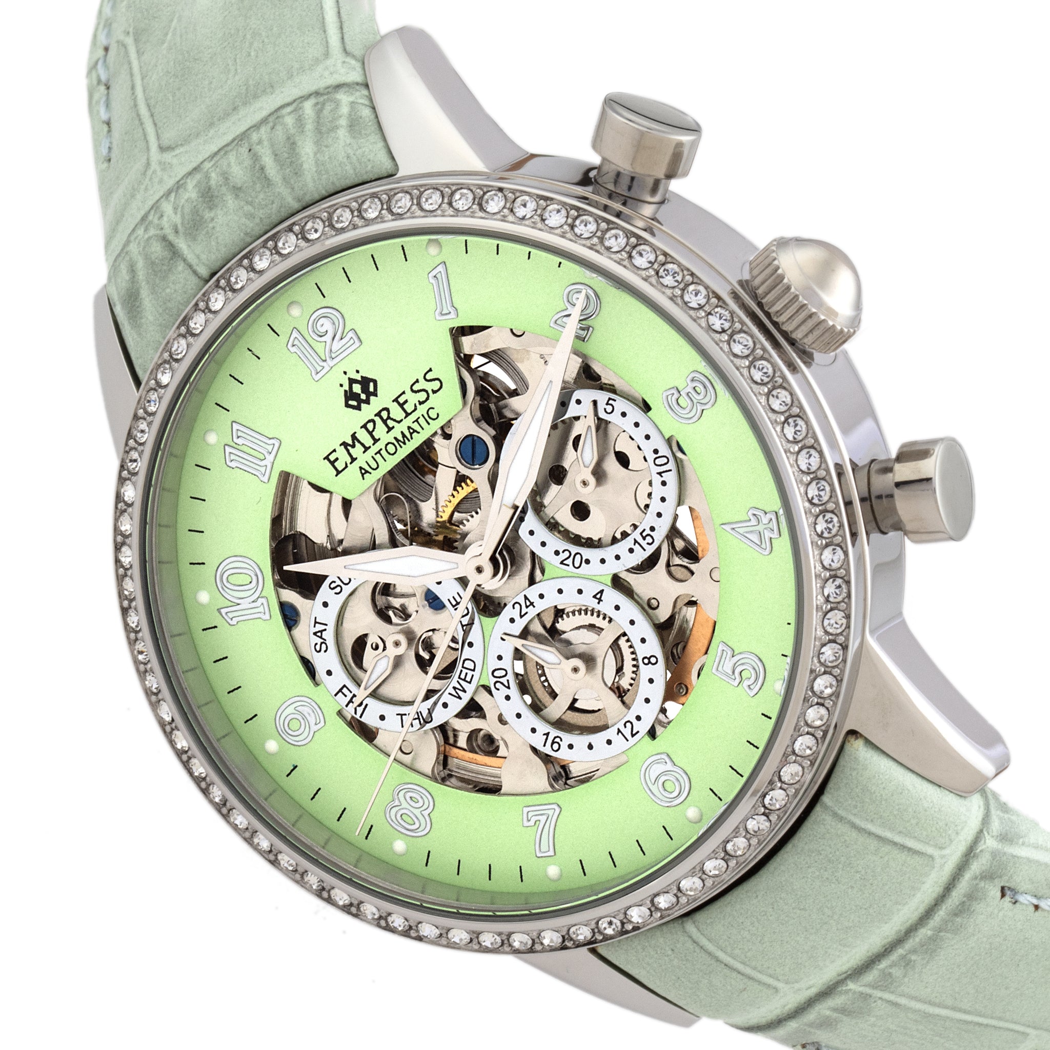 Empress Beatrice Automatic Skeleton Dial Leather-Band Watch w/Day/Date - Silver/Mint - EMPEM2003