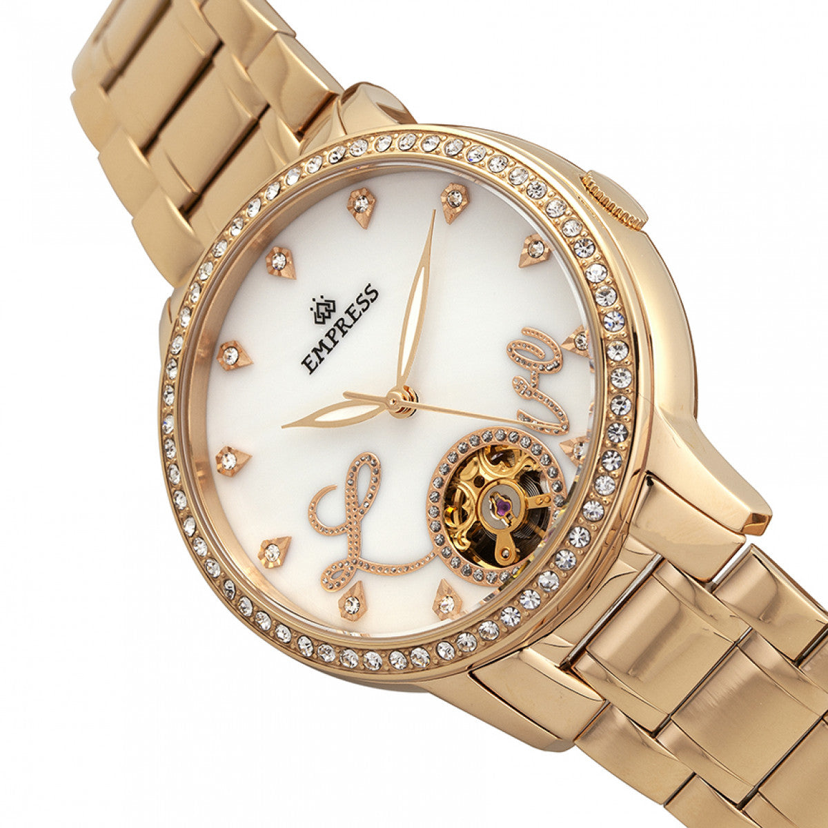 Empress Quinn Automatic MOP Semi-Skeleton Dial Bracelet Watch - Gold - EMPEM2702