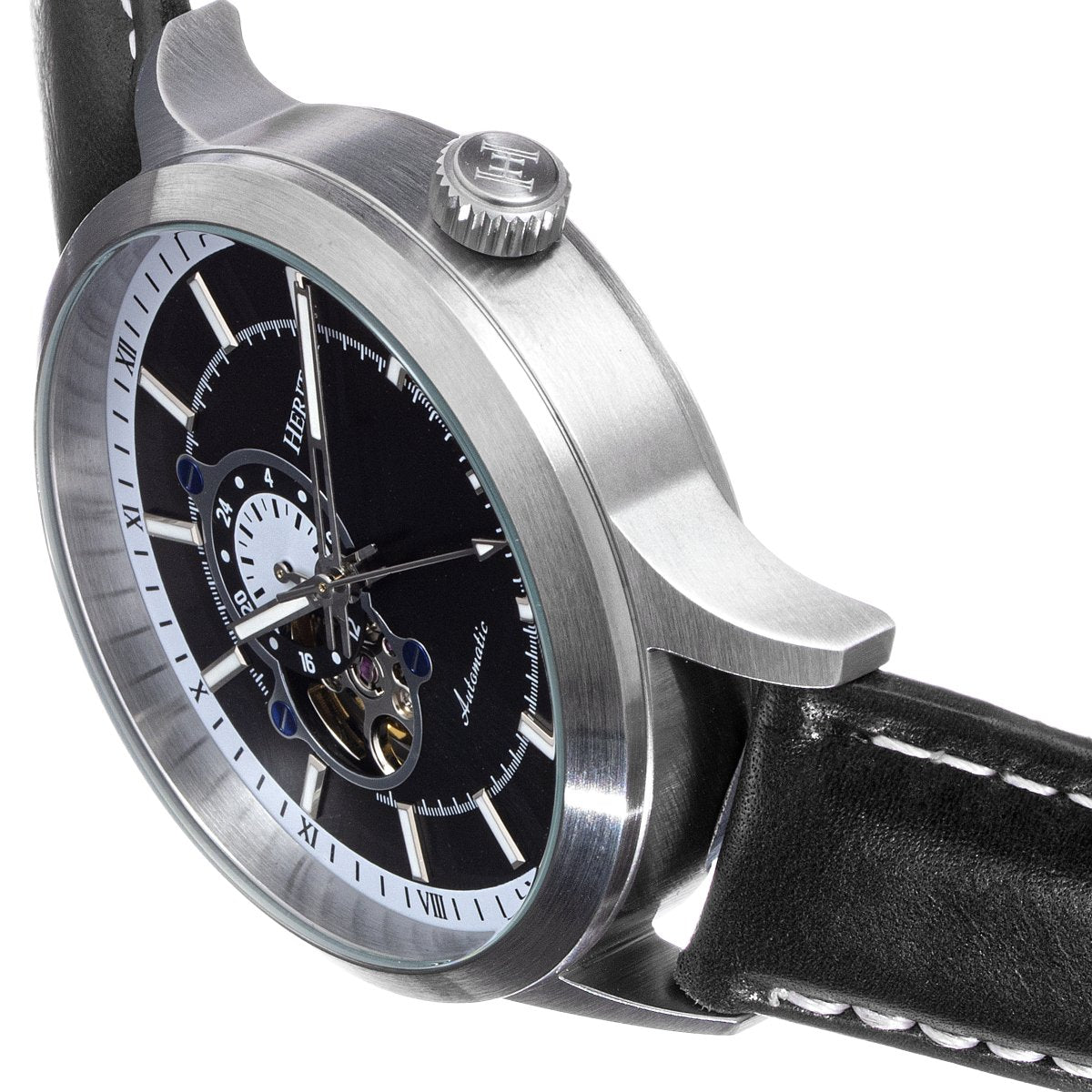 Heritor Automatic Oscar Semi-Skeleton Leather-Band Watch - Black - HERHS1001
