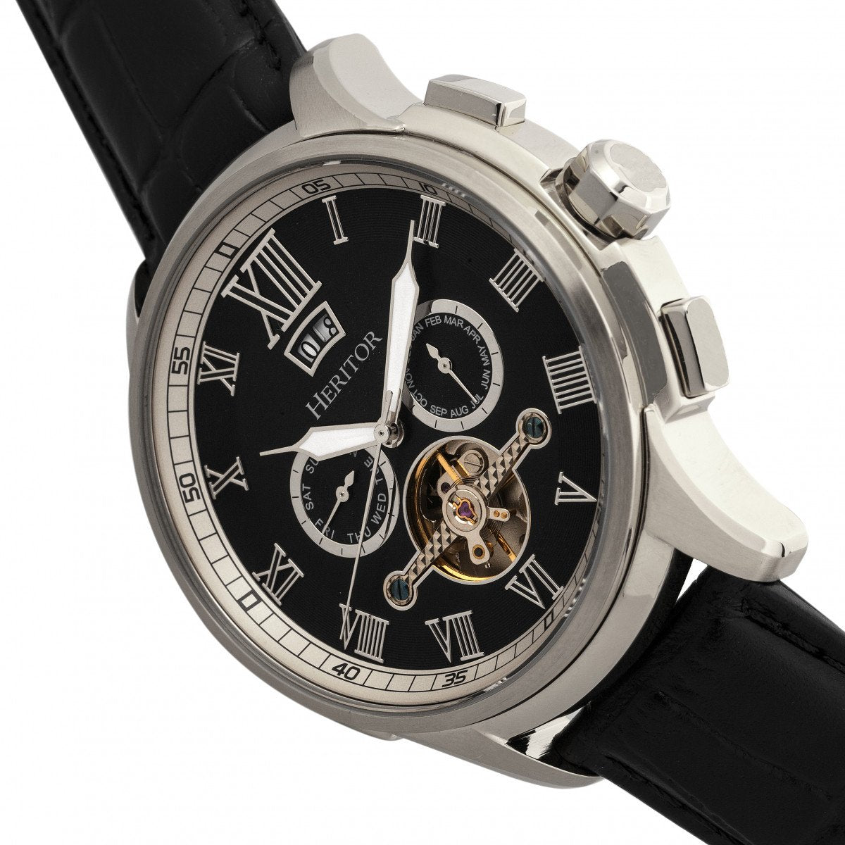 Heritor Automatic Hudson Semi-Skeleton Leather-Band Watch w/Day/Date - Black/Silver - HERHR7502