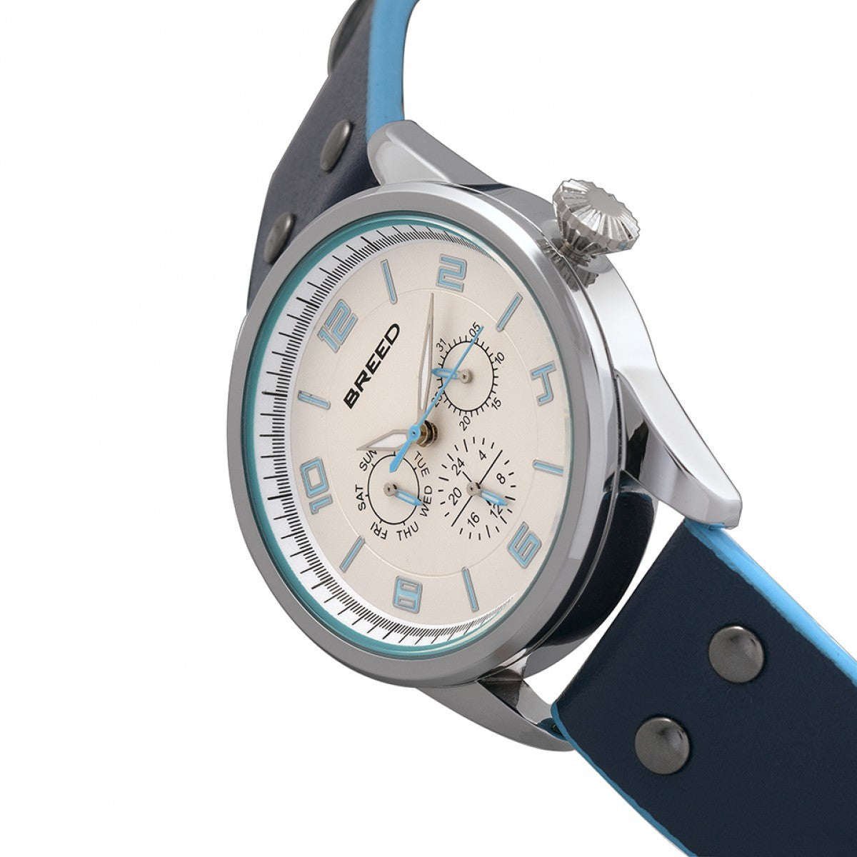 Breed Rio Leather-Band Watch w/Day/Date - Silver/Blue - BRD7403