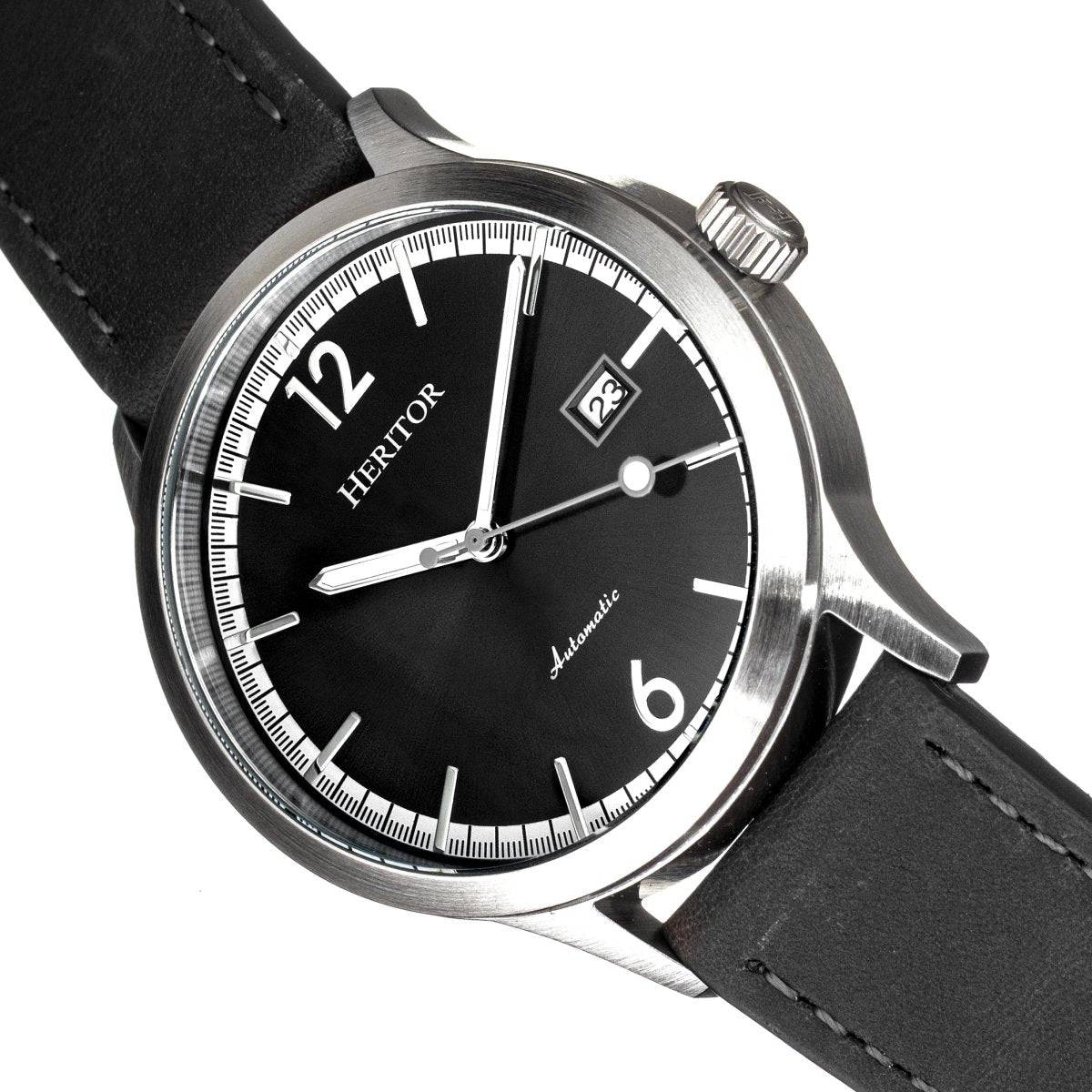 Heritor Automatic Becker Leather-Band Watch w/Date - Silver/Black - HERHR9603