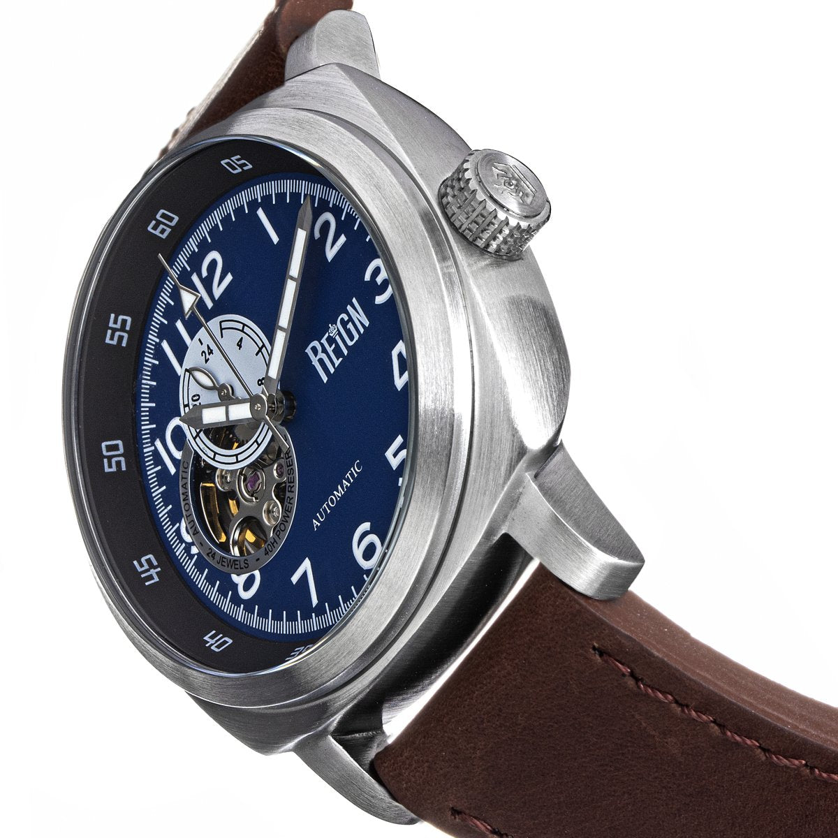 Reign Impaler Semi-Skeleton Leather-Band Watch - Blue/Brown - REIRN6105