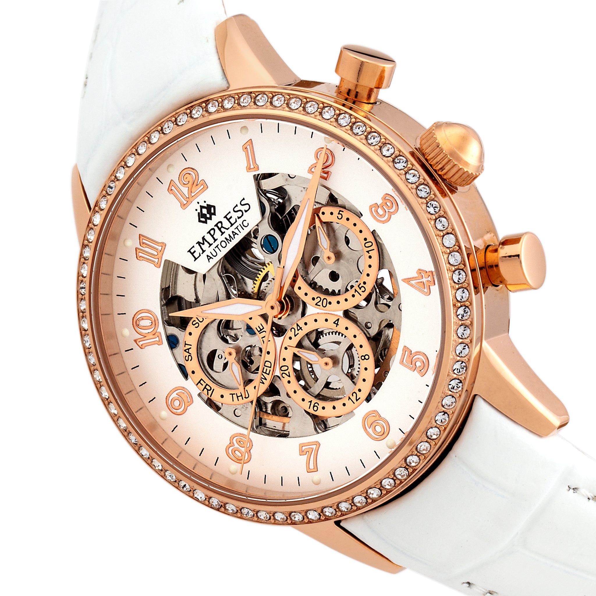 Empress Beatrice Automatic Skeleton Dial Leather-Band Watch w/Day/Date - Rose Gold/White - EMPEM2005