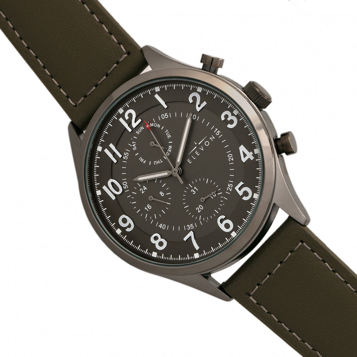 Elevon Lindbergh Leather-Band Watch w/Day/Date -  Olive/Grey - ELE102-6