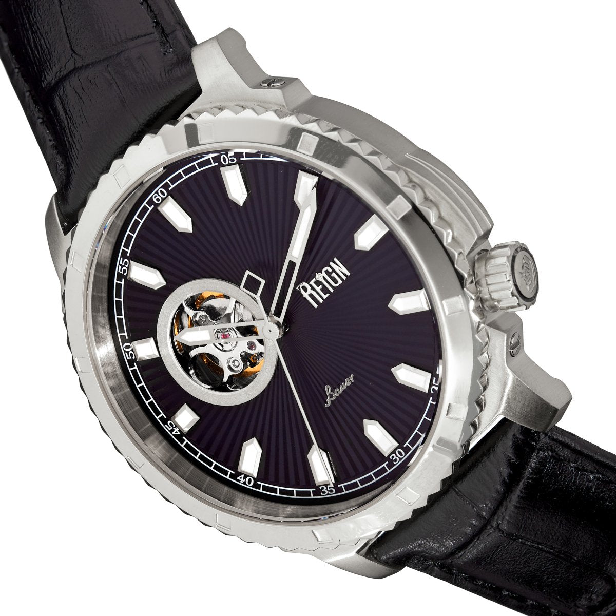 Reign Bauer Automatic Semi-Skeleton Leather-Band Watch - Silver/Black - REIRN6002