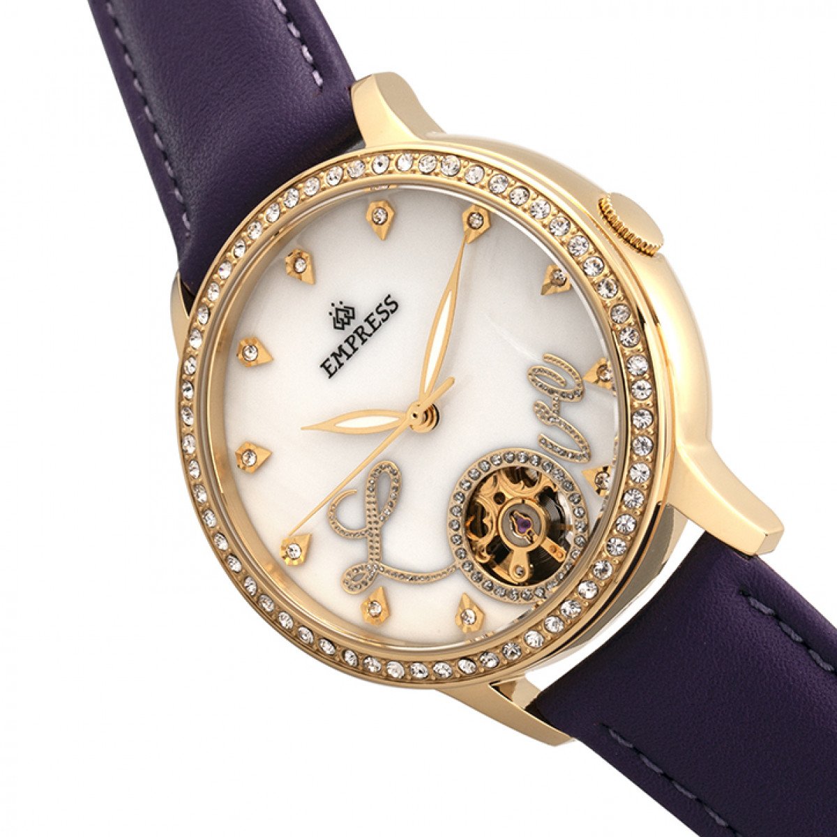 Empress Quinn Automatic MOP Semi-Skeleton Dial Leather-Band Watch - Purple - EMPEM2705