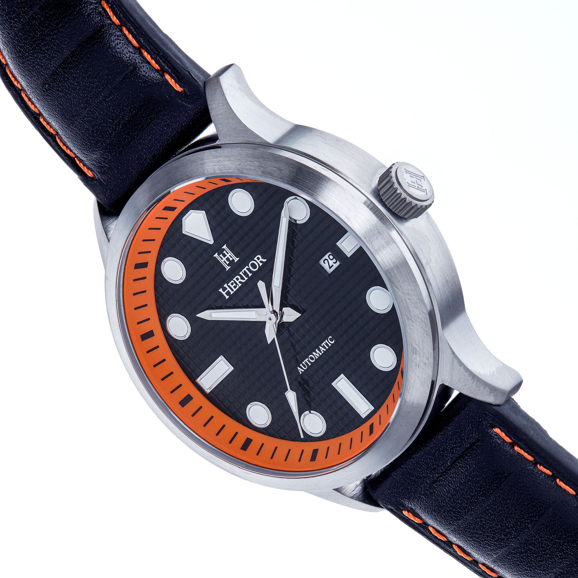Heritor Automatic Bradford Leather-Band Watch w/Date - Black & Orange - HERHS1110