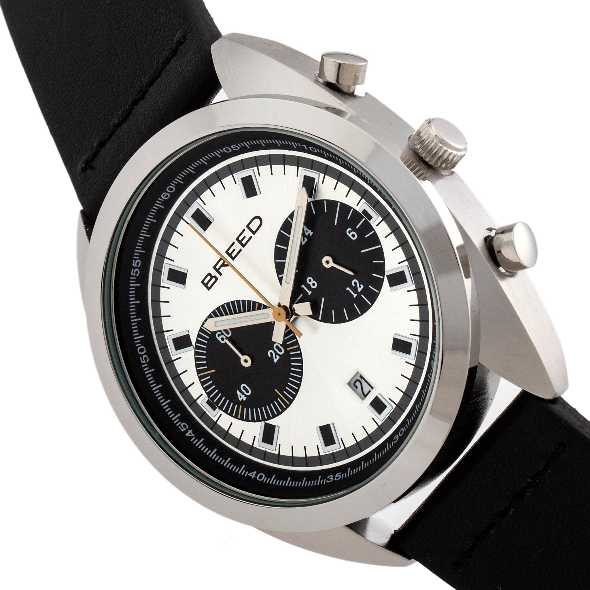 Breed Racer Chronograph Leather-Band Watch w/Date - Silver/Black - BRD8504