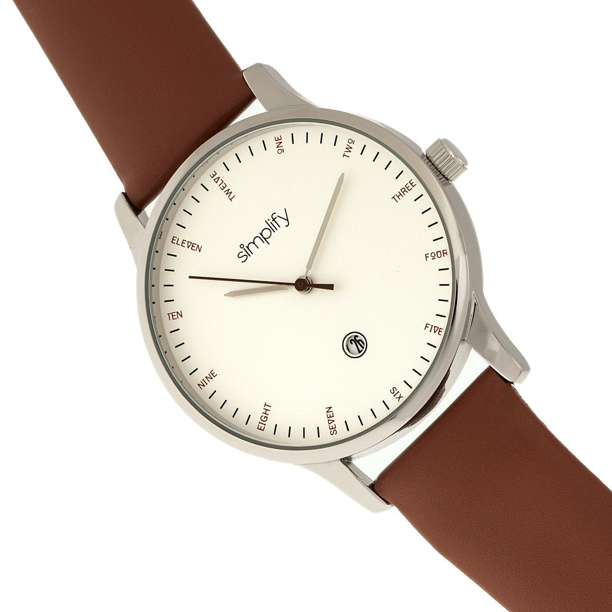 Simplify The 4300 Leather-Band Watch w/Date - Silver/Brown - SIM4302