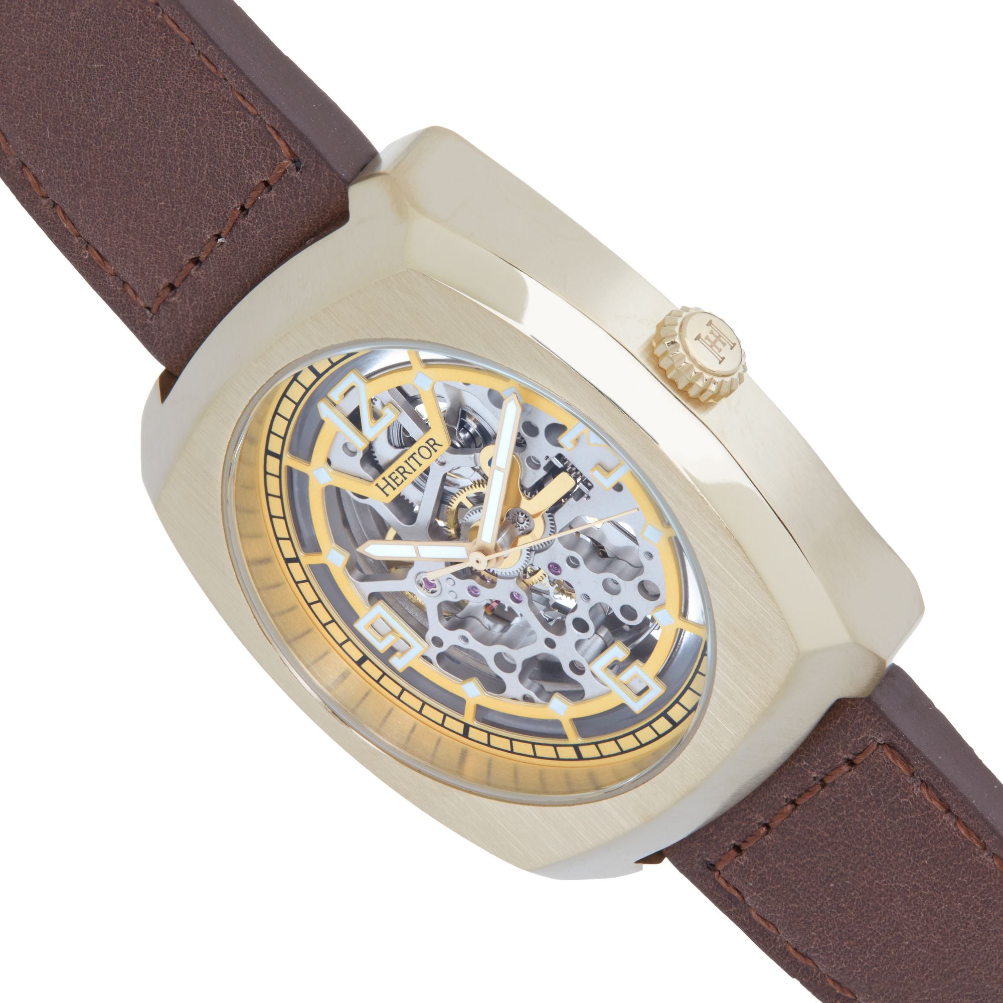 Heritor Automatic Gatling Skeletonized Leather-Band Watch - Gold/Brown - HERHS2303