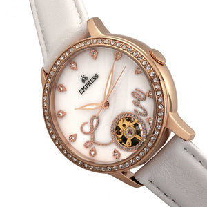 Empress Quinn Automatic MOP Semi-Skeleton Dial Leather-Band Watch - White - EMPEM2706