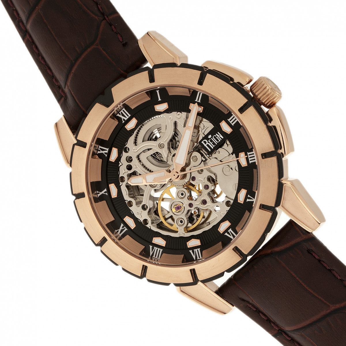 Reign Philippe Automatic Skeleton Leather-Band Watch - Rose Gold/Black - REIRN4606