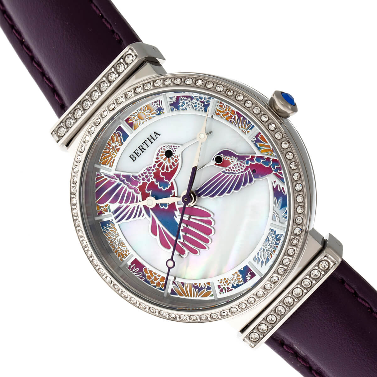 Bertha Emily Mother-Of-Pearl Leather-Band Watch - Silver/Purple - BTHBR7805