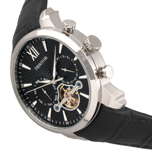 Heritor Automatic Arthur Semi-Skeleton Leather-Band Watch w/ Day/Date - Silver/Black - HERHR7902