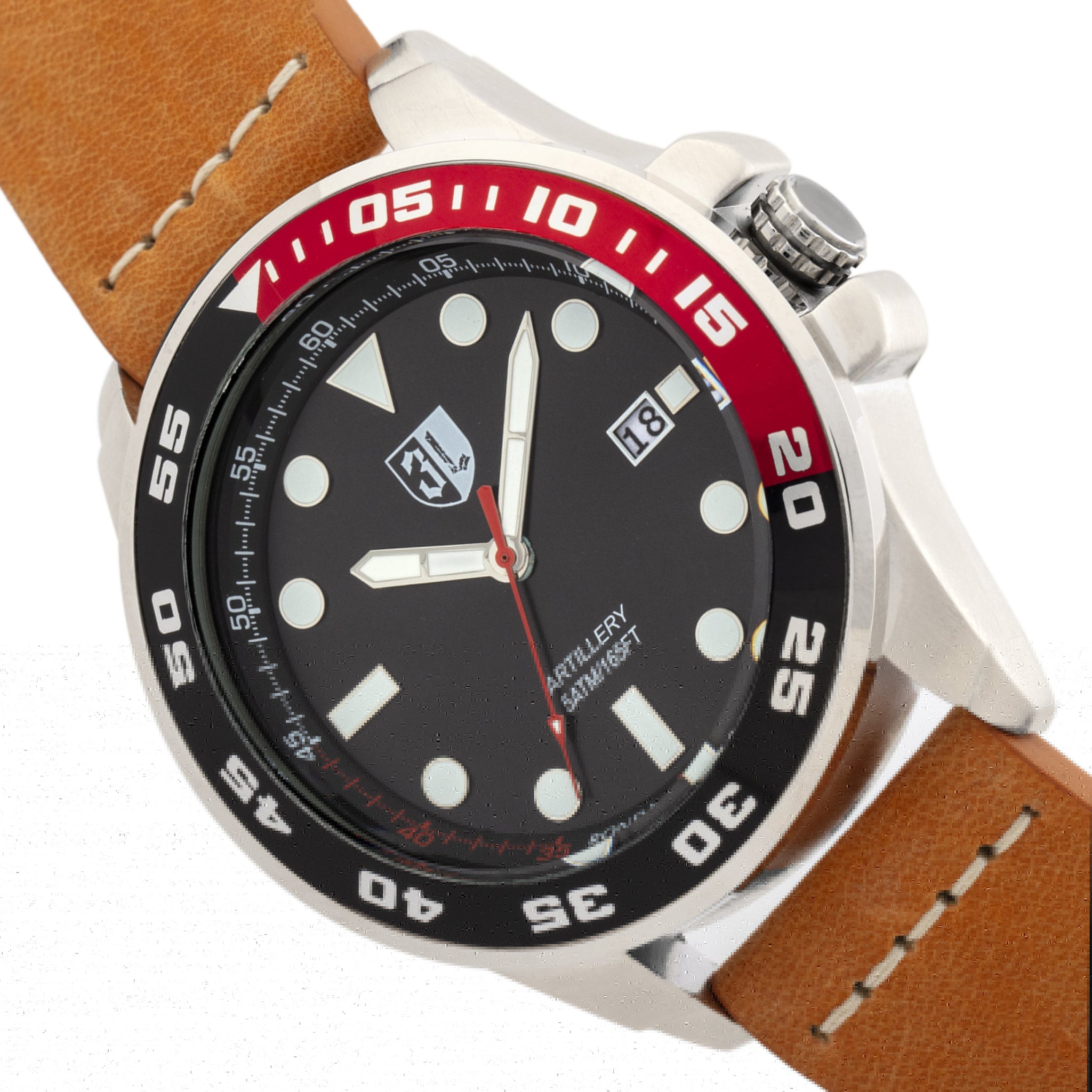 Three Leagues Artillery Leather-Band Watch with Date - Black/Camel - TLW3L102