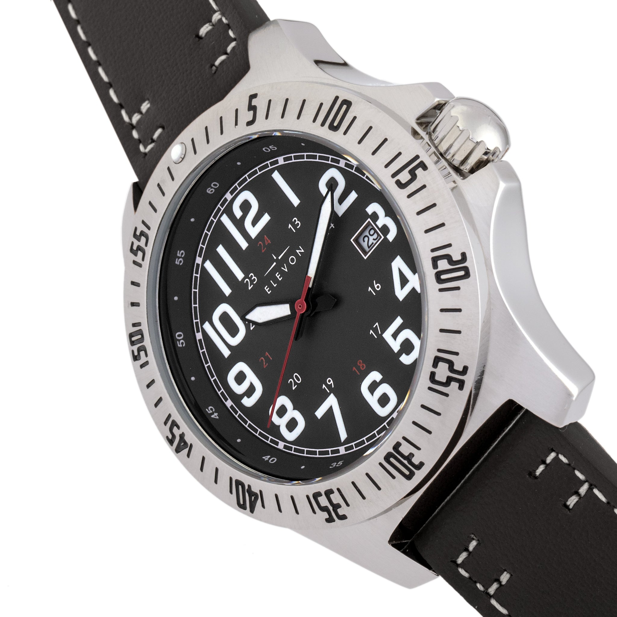 Elevon Aviator Leather-Band Watch w/Date - Black - ELE120-9