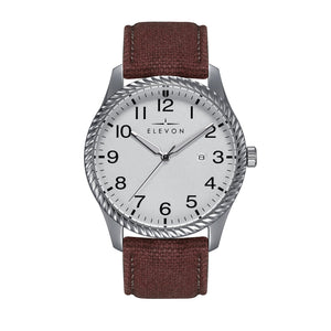Elevon Crosswind Canvas-Overlaid Leather-Band Watch w/ Date - Silver/Brown - ELE128-1