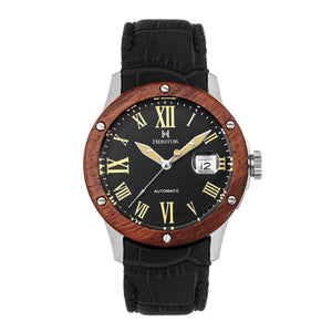 Heritor Automatic Everest Wooden Bezel Leather Band Watch /Date