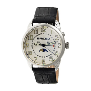 Breed Alton Leather-Band Moon-Phase Men's Watch  -  Silver/White - BRD6401