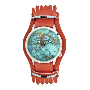 Boum Originaire Marbleizied-Dial Leather-Band Watch w/ Fringed Sheath - Silver/Red - BOUBM4001