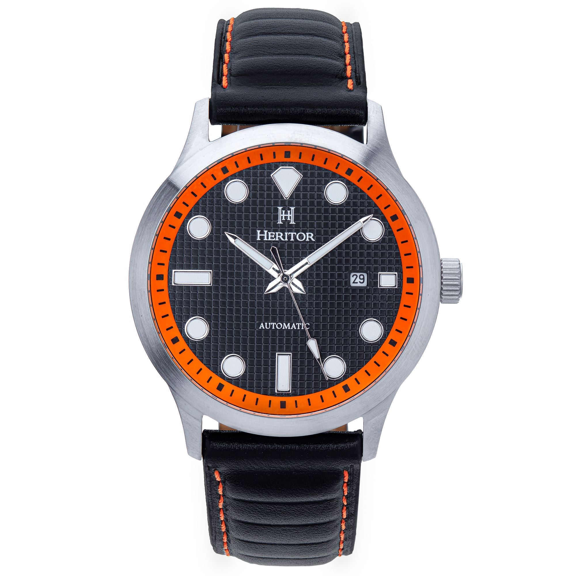 Heritor Automatic Bradford Leather-Band Watch w/Date - Black & Orange - HERHS1110