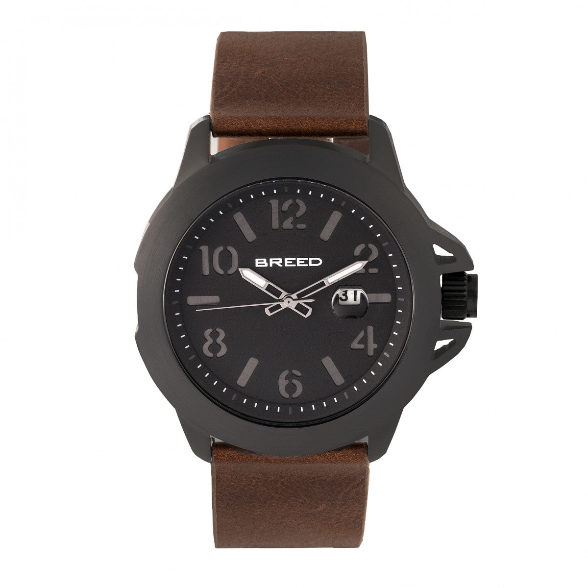 Breed Bryant Leather-Band Watch w/Date - Black/Brown - BRD7104