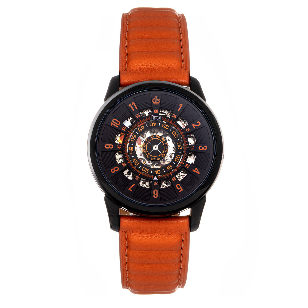 Reign Monterey Skeletonized Leather-Band Watch - Black/Orange - REIRN6405