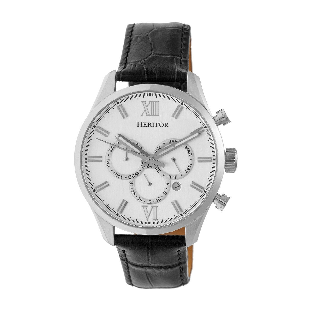 Heritor Automatic Benedict Leather-Band Watch w/ Day/Date - Silver - HERHR6801
