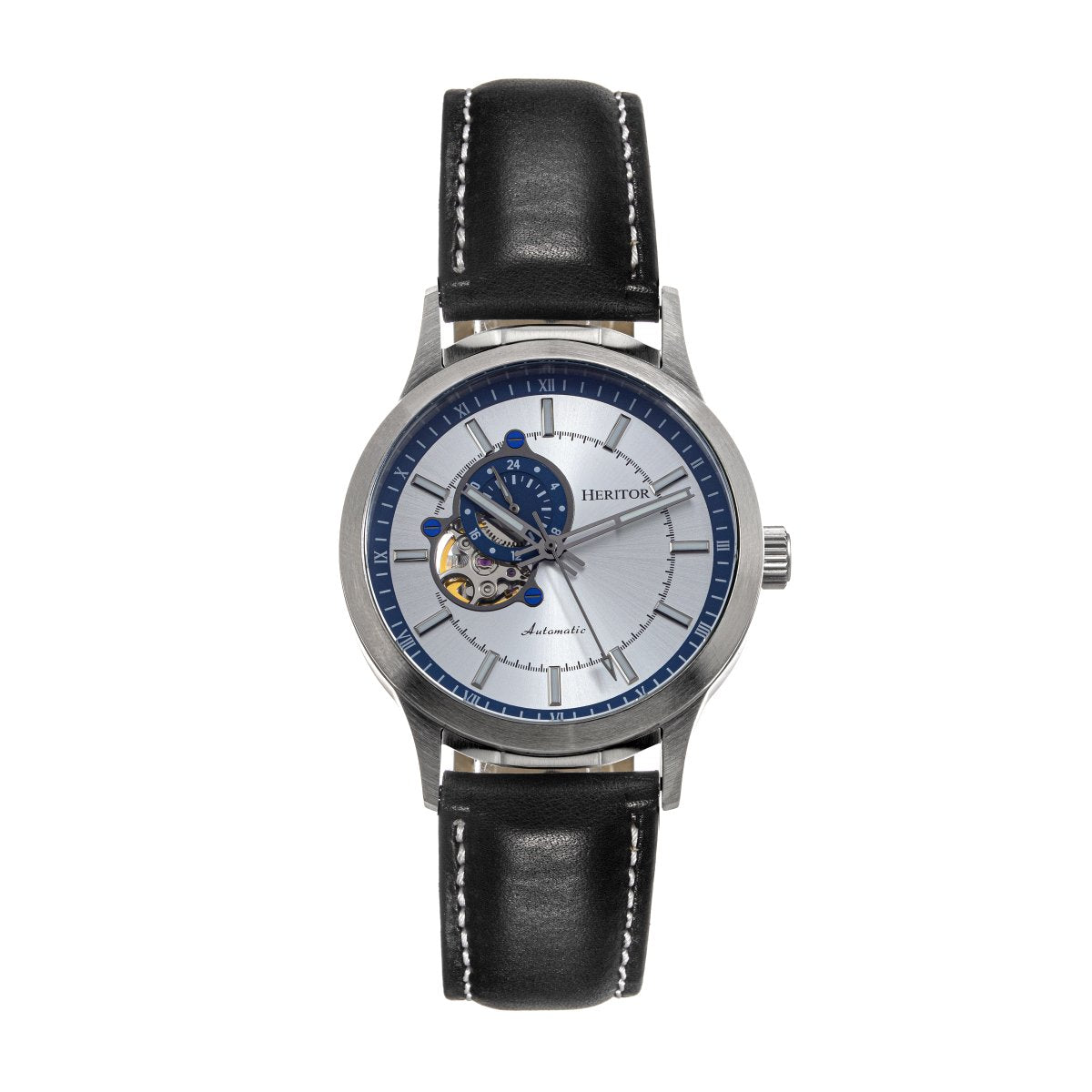 Heritor Automatic Oscar Semi-Skeleton Leather-Band Watch - Silver & Blue/Black - HERHS1004