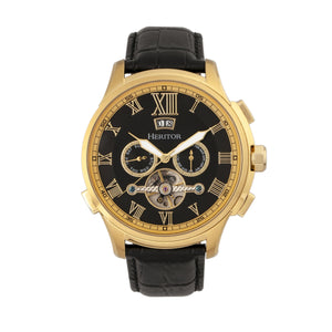 Heritor Automatic Hudson Semi-Skeleton Leather-Band Watch w/Day/Date - Black/Gold - HERHR7503