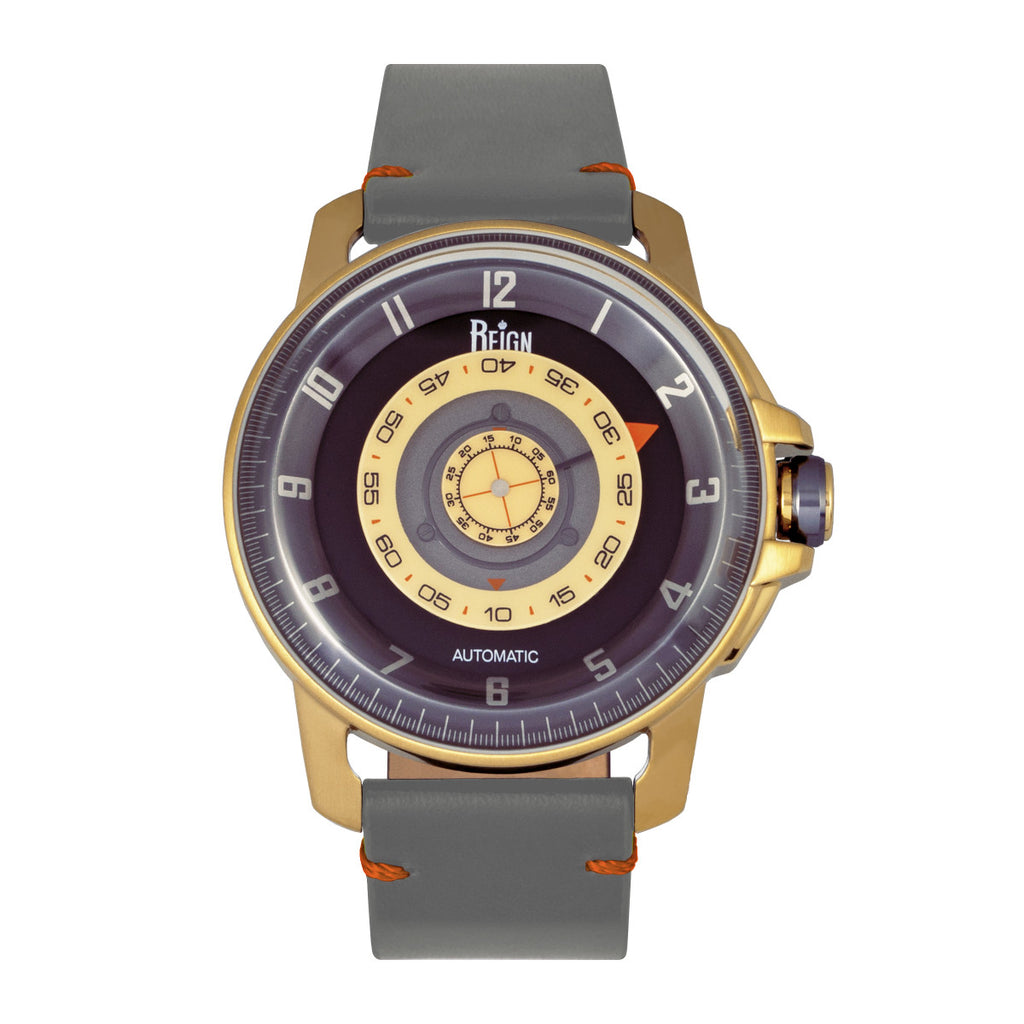 Reign Monarch Automatic Domed Leather-Band Watch - Gold/Grey - REIRN5202