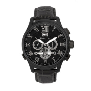 Heritor Automatic Hudson Semi-Skeleton Leather-Band Watch w/Day/Date - Black - HERHR7505